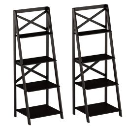 4 Tier Ladder Bookshelf Freestanding Wooden Bookcase; Black; Set of 2