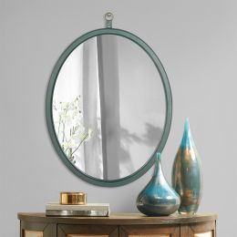 Oval Green Decorative Wall Hanging Mirror; PU Covered MDF Framed Mirror for Bedroom Living Room Vanity Entryway Wall Decor; 23.62x29.92inch