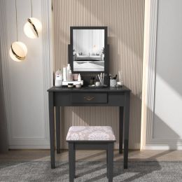 53.5''H Elegant Wood Makeup Vanity Set Dressing Table Furniture with Rotating Rectangular Mirror and Drawer, Black XH