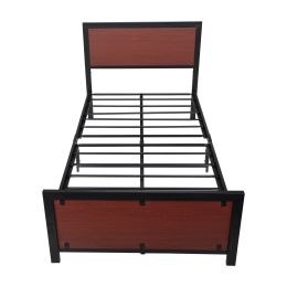 Industrial Bed Frame with Headboard and Footboard, Metal Slat Foundation, 9 Support Legs, No Box Spring Needed, Queen Size,Brownish Red and Black