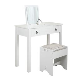 Vanity Set Table with Flip Top Mirror, Makeup Dressing Table with 2 Drawers, 3 Storage Organizers Dividers, Cushioned Stool, White XH