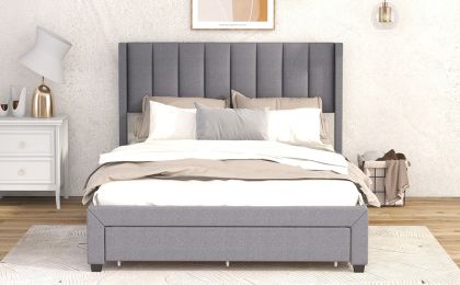 Queen Size Upholstered Platform Bed with One Large Drawer in the Footboard and Drawer on Each Side; Gray