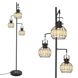 3 Lights Industrial Floor Lamp; Standing Lamp with Metal Rattan Cage Shape Design; High Pole Reading Lamp with 3000K 8W E26 Bulbs