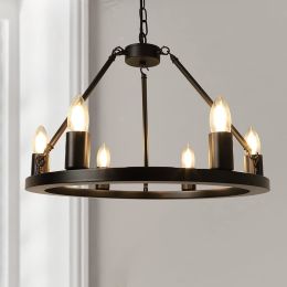 6 Light Round Farmhouse Carriage Wheel Pendant; Semi Recessed Chandelier w/ Black Metal E26