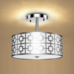 Interior semi-recessed ceiling light; 3 lights Modern entry lighting ceiling with drum shade; brushed chrome finish