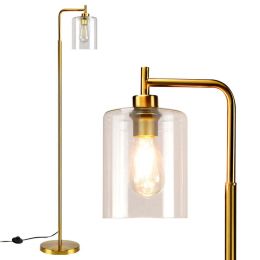 Floor lamp with hanging glass shade; brass metal lighting for living room bedroom golden E26 socket