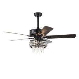 52'' Crystal Ceiling Fan with Light & Remote Control;   AC Motor;  5 Fan Blades;  Black;  Bedroom