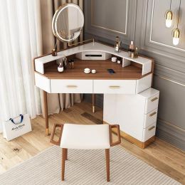 5 Drawers Corner Makeup Vanity Table with LED Lighted Mirror Vanity Desk