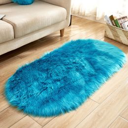 Fluffy 6cm Plush Carpet Fuzzy Wool Floor Mat Multicolor Oval Soft Living Room Bedroom Aldult Boys Girls Home Decor Cute Fashion (Color: dark blue, size: 60*90cm)