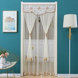 Double Yarn Door Curtain Anti-mosquito Embroidered Tassel Quiet Bedroom Living Room Bathroom Universal Partition Home Decoration (Color: 01 Beige, size: 100x200cm)