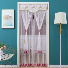 Double Yarn Door Curtain Anti-mosquito Embroidered Tassel Quiet Bedroom Living Room Bathroom Universal Partition Home Decoration (Color: 01 pink, size: 90x200cm)