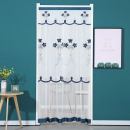 Double Yarn Door Curtain Anti-mosquito Flowers Embroidery Mute Bedroom Living Room Bathroom Universal Partition Home Decoration (Color: Blue, size: 100x200cm)