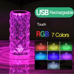 16 Colors Crystal Table Lamp Rose Light Romantic Diamond Atmosphere Light USB Touch Night Light For Bedroom Desk Party Decor (Color: 7colors)