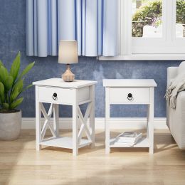 Set of 2 Wooden Nightstand;  X-Shaped Sofa Side Table End Table with Drawer and Open Shelf;  Bedroom Living Room Furniture (Color: White)