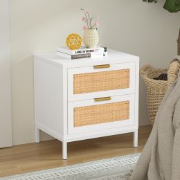 Natural Rattan 2 Drawer Nightstand For Bedroom; Living Room Wooden Storage Bedside Furniture; Simple Sofa Side Table; Black; (Material: wood and metal, Color: White)