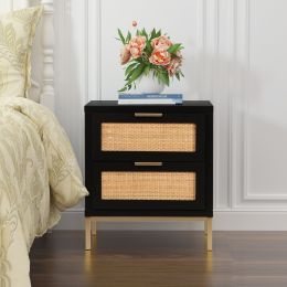 Natural Rattan 2 Drawer Nightstand For Bedroom; Living Room Wooden Storage Bedside Furniture; Simple Sofa Side Table; Black; (Material: wood and metal, Color: Black)