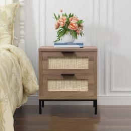 Natural Rattan 2 Drawer Nightstand For Bedroom; Living Room Wooden Storage Bedside Furniture; Simple Sofa Side Table; Black; (Material: wood and metal, Color: natural oak)