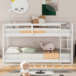 Twin over Twin Floor Bunk Bed with Ladder (Color: White)