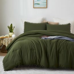 Boho Comforter Set, Boho Bedding set with Pom Poms Fringe Design, 1 Aesthetic Comforter and 2 Pillowshams (Color: Olive Green, size: QUEEN)