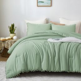 Boho Comforter Set, Boho Bedding set with Pom Poms Fringe Design, 1 Aesthetic Comforter and 2 Pillowshams (Color: Sage Green, size: QUEEN)