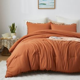 Boho Comforter Set, Boho Bedding set with Pom Poms Fringe Design, 1 Aesthetic Comforter and 2 Pillowshams (Color: Burnt Orange, size: QUEEN)