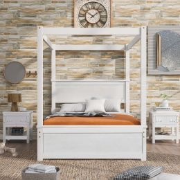 Full Size Wood Canopy Bed with Trundle Bed and Two Nightstands, Bedroom Set - Brushed (Color: White)