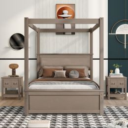 Full Size Wood Canopy Bed with Trundle Bed and Two Nightstands, Bedroom Set - Brushed (Color: Light Brown)