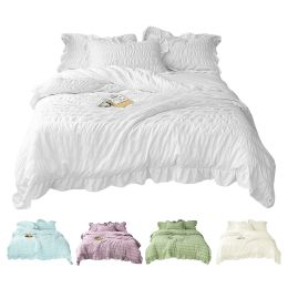 4 Season Seersucker Comforter Set Soft Breathable Ruffle Bedding Set 2/3 Pieces (Color: White, size: QUEEN)