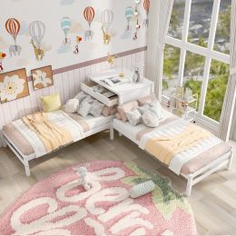 Twin Size L-Shaped Platform Beds with Drawer Linked with Built-in Rectangle Table (Color: White)