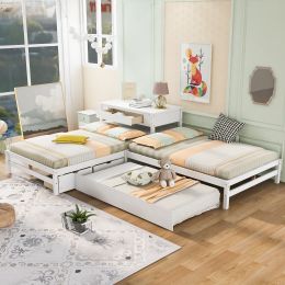 Full Size L-shaped Platform Beds with Twin Size Trundle and Drawers Linked with Built-in Rectangle Table (Color: White)