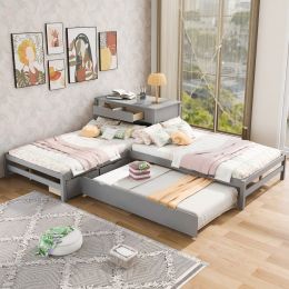 Full Size L-shaped Platform Beds with Twin Size Trundle and Drawers Linked with Built-in Rectangle Table (Color: Gray)