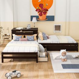 Full Size L-shaped Platform Beds with Twin Size Trundle and Drawers Linked with Built-in Rectangle Table (Color: espresso)