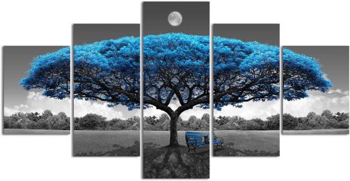 Canvas Wall Art for Living Room Decor-Blue Tree Wall Paintings-Nature Wall Art-Landscape Picture Framed Artwork for Bedroom Home Decoration-5 Panels (Color: Blue, size: 12x16inx2pcs 12x24inx2pcs 12x32inx1pcs)