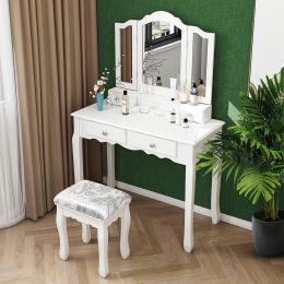 Makeup Vanity Table, Trifold Mirror, Wooden Dresse With Stool&4 Drawers XH (Color: White)