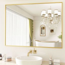 24"x36" Bathroom Wall Mirror with Rectangular Metal Frame; Black (Material: wood, mirror, Color: Gold)