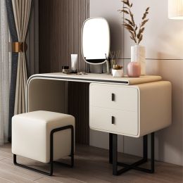 Modern Extendable Makeup Vanity Table with PU Leather;  2 Solid Wood Drawers;  Side Cabinet;  HD Mirror & Upholstered Stool Included (Color: White)