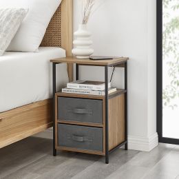 2-Drawers Nightstand With USB Bedroom (Material: PB, Polyester Fabric, Iron, Color: Walnut)