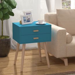 Set of 2 Wood Mid-Century Modern End Table Nightstand with 2 Drawers for Bedroom Living Room; 24.8"H (Material: Wood, MDF, Color: Blue)