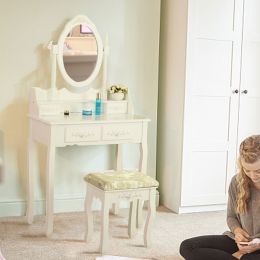 Vanity Table and Chair Set, Makeup Dressing Table with 360-degree-rotating Mirror and 4 Drawers, Thick Padded Stool (Color: White)